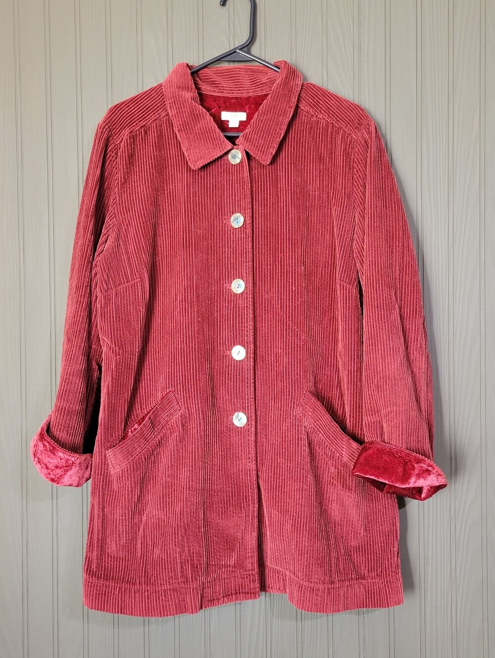 J. Jill Corduroy Button Front Jacket Velvet Trim Cuffs Cotton Red Women's XL